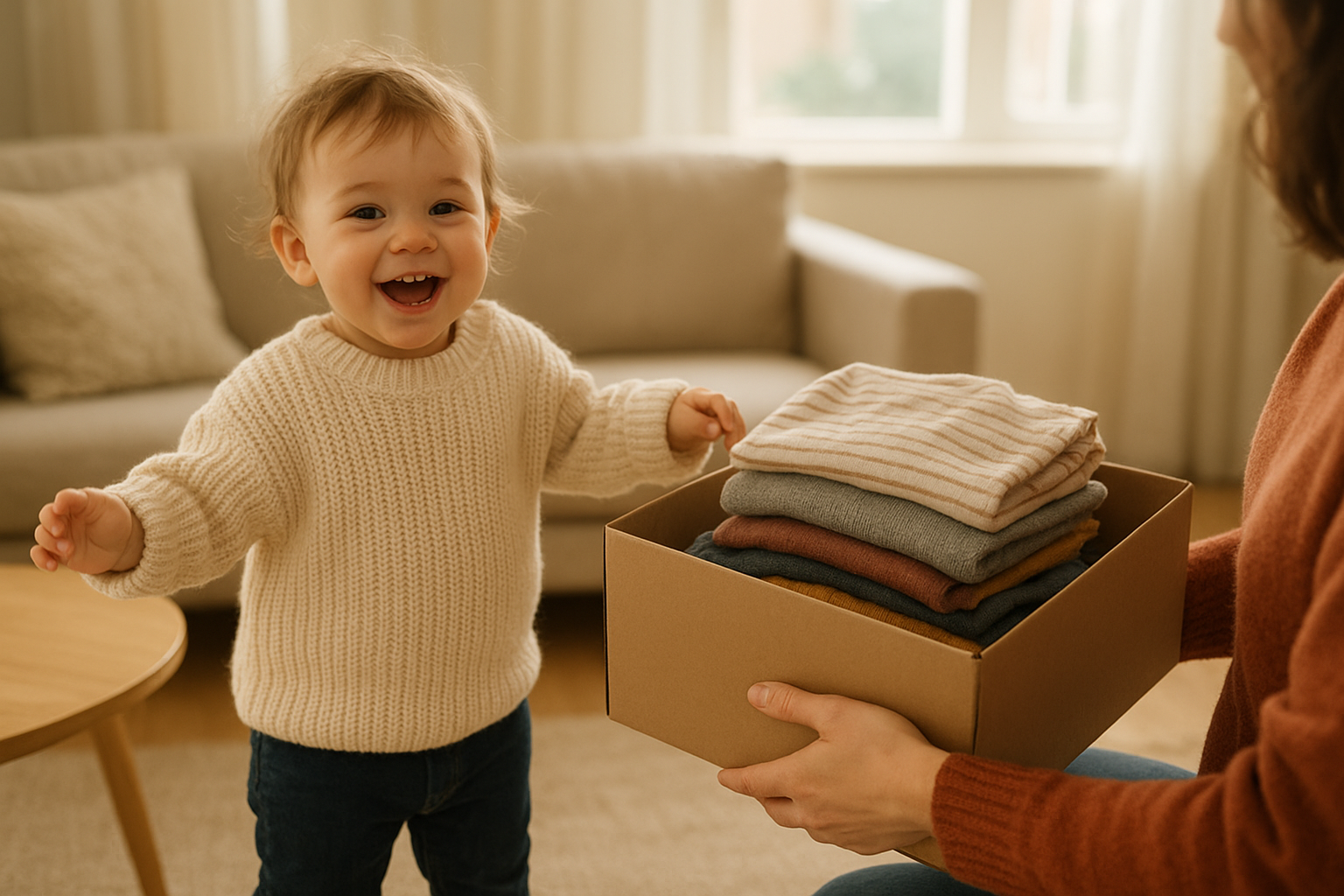 Parent helping toddler try on clothing from a childrens fashion rental service delivery box