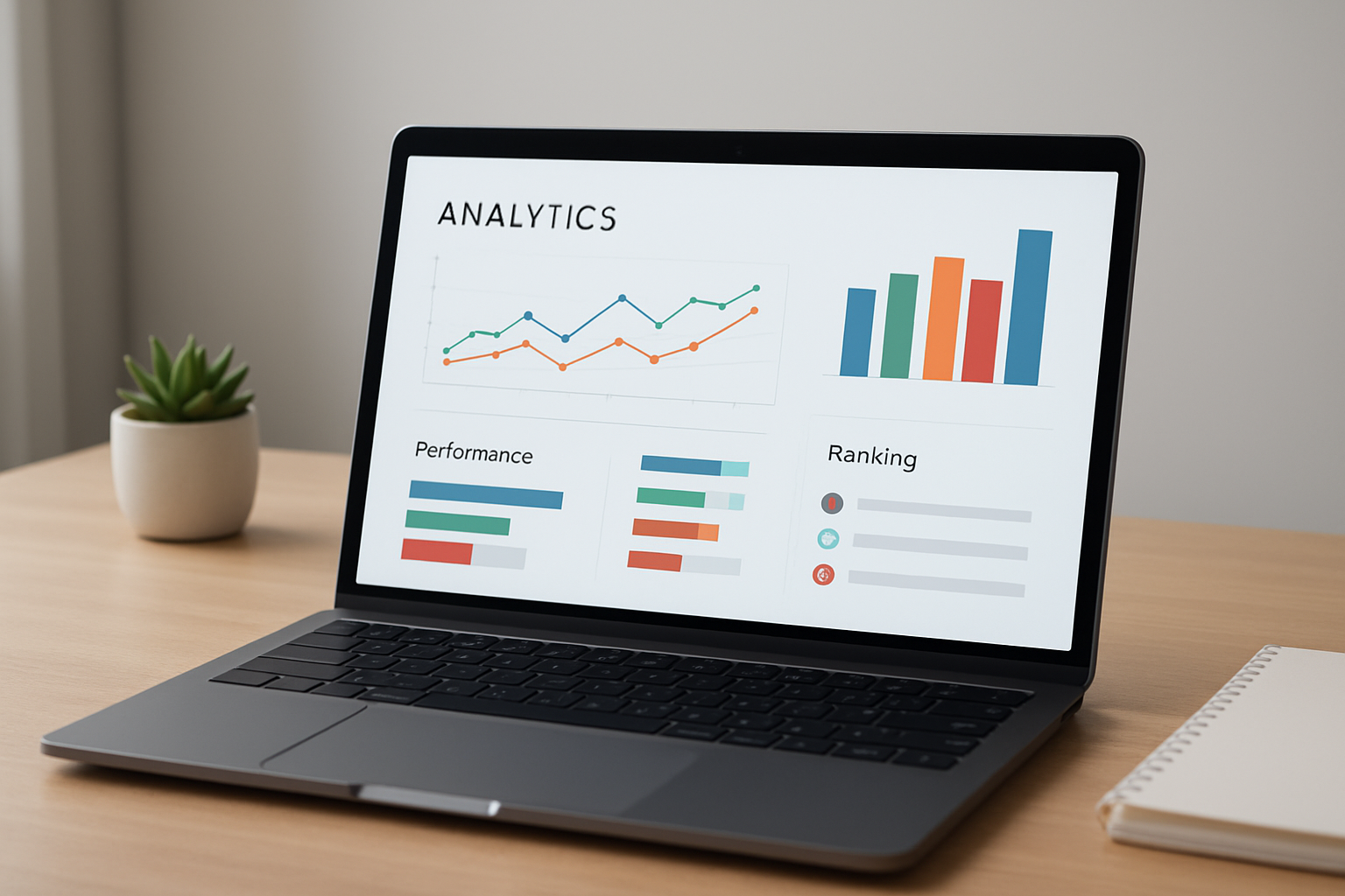 SEO analytics platform dashboard showing ranking and traffic trend graphs