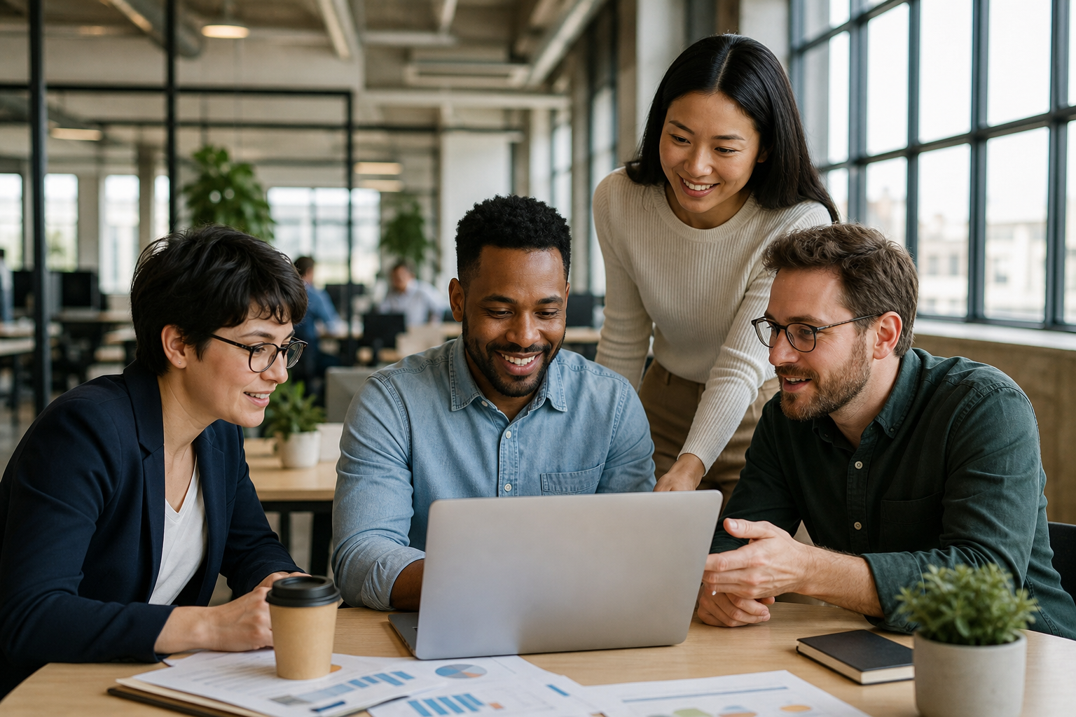 Small business team collaborating in a modern open office