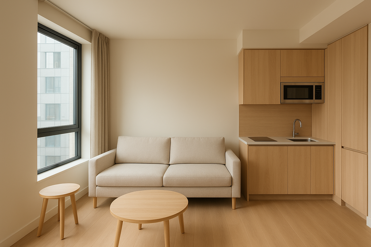 Bright interior kitchenette and living area inside a mother-in-law suite