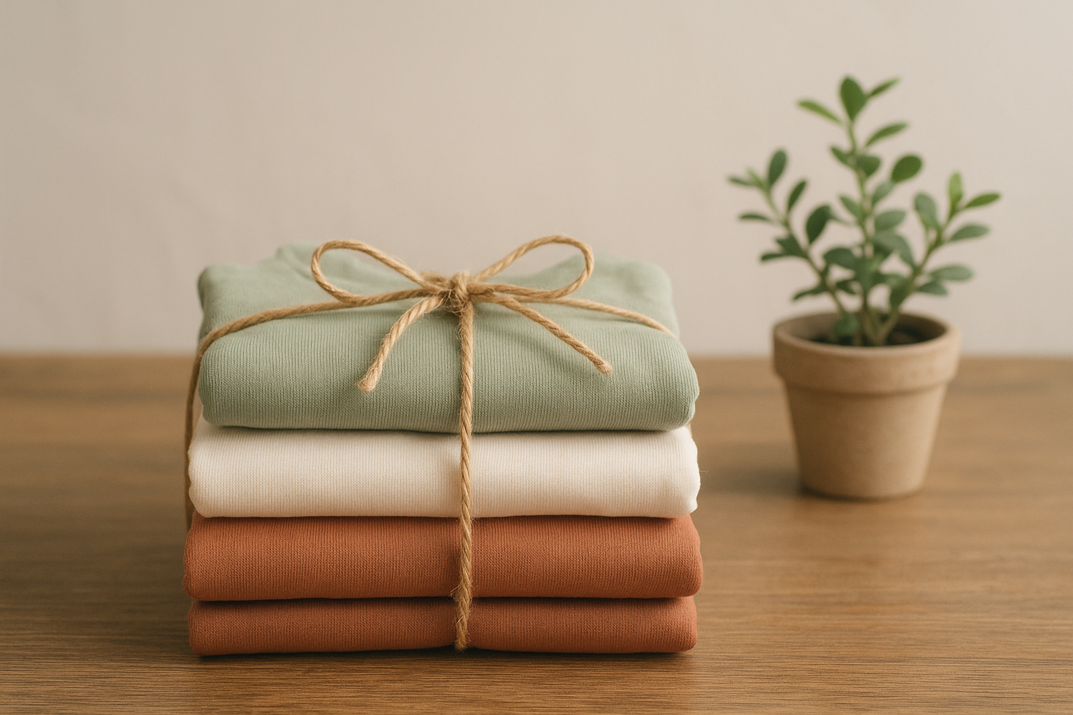 Neatly folded sustainable baby clothes from a subscription service in earth tone colors