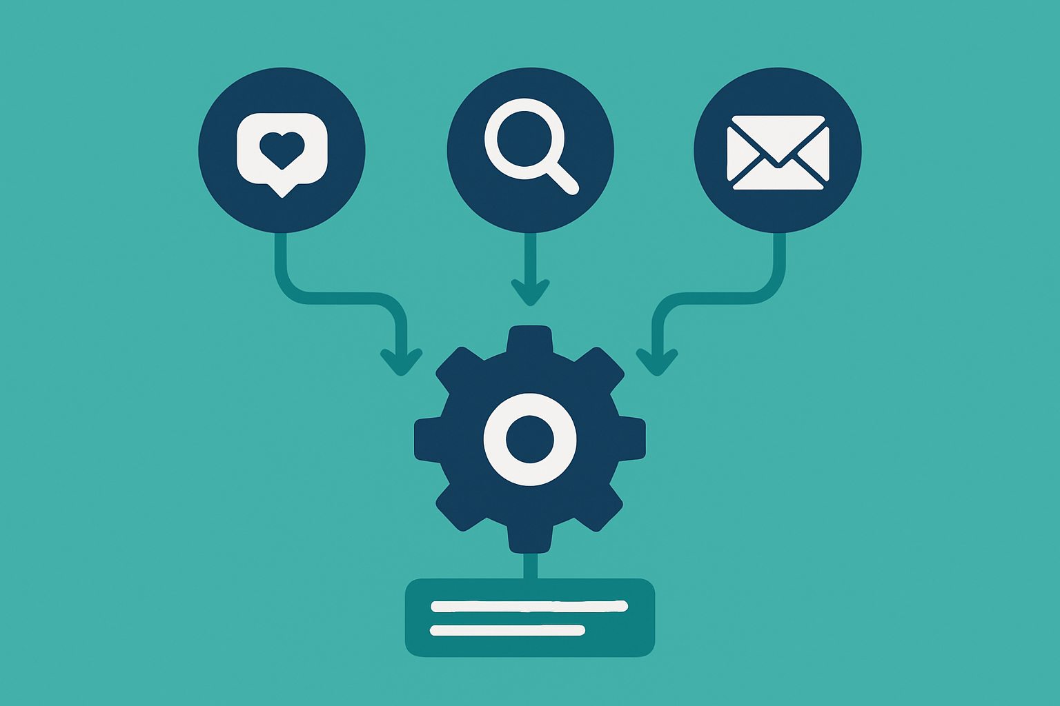 Digital marketing automation workflow diagram showing data flowing into insights