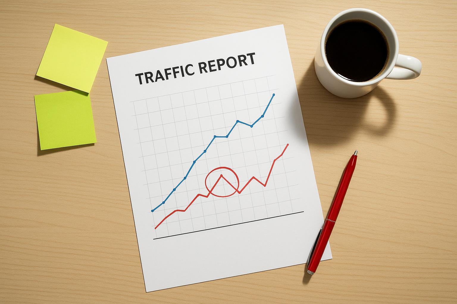 Marketer reviewing a printed web traffic report with annotated trend graphs and sticky notes