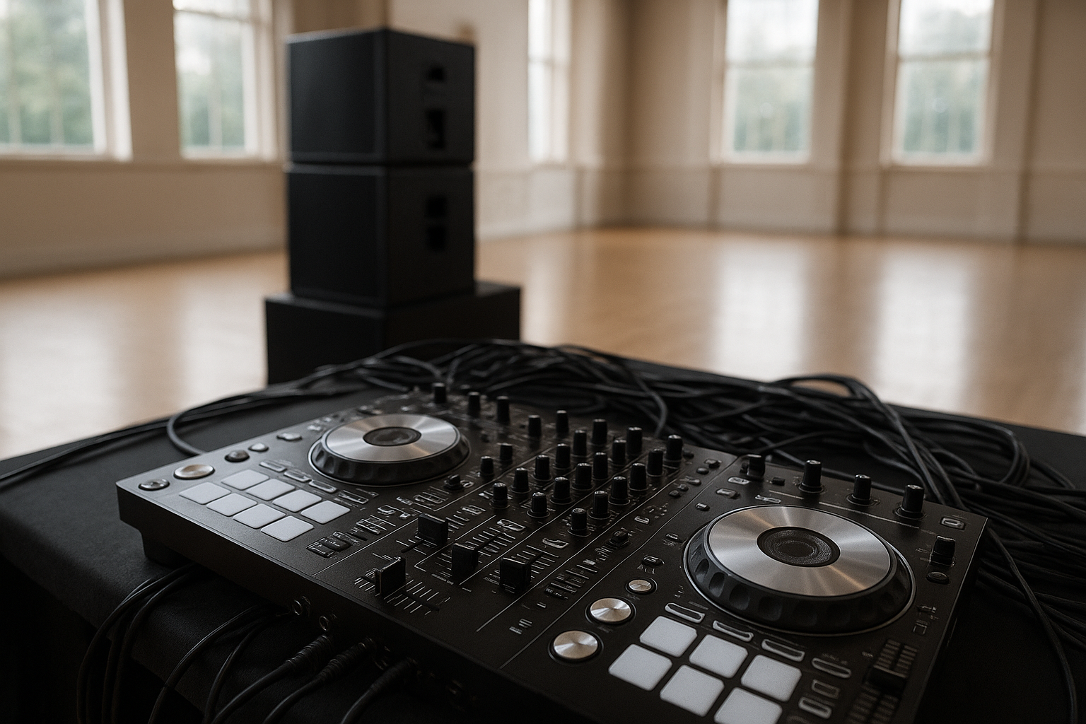 Professional DJ equipment setup with backup gear before a Southern Indiana wedding reception