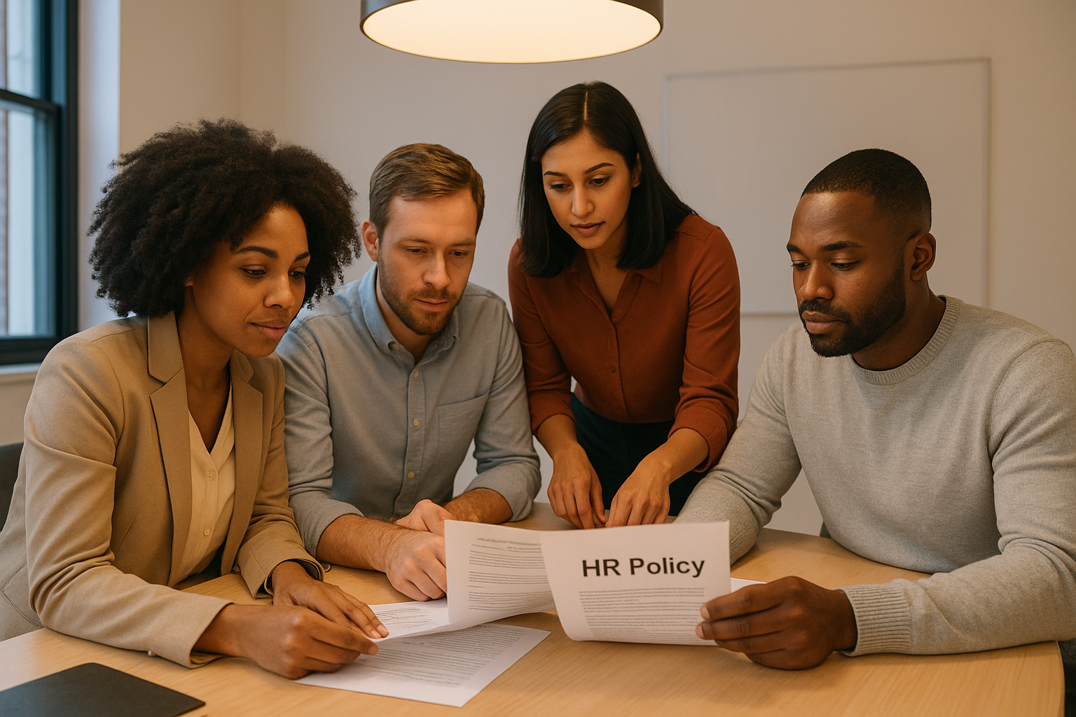 Small business team reviewing HR administration policies and compliance documents together