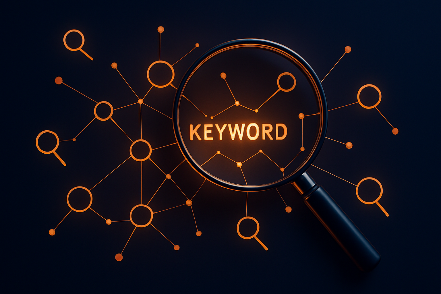 Magnifying glass examining a connected network representing AI keyword optimization clusters