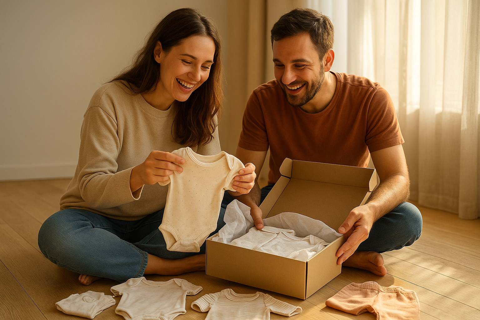 parent opening a newborn clothing subscription gift box with baby outfits inside