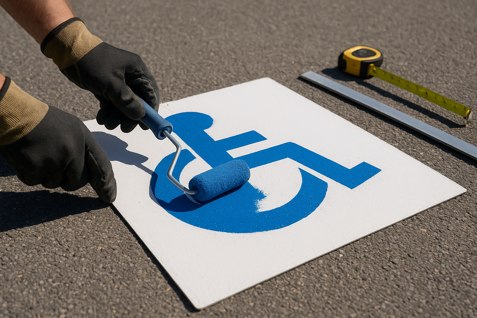 Worker painting an accessibility symbol as part of ADA compliant striping on asphalt