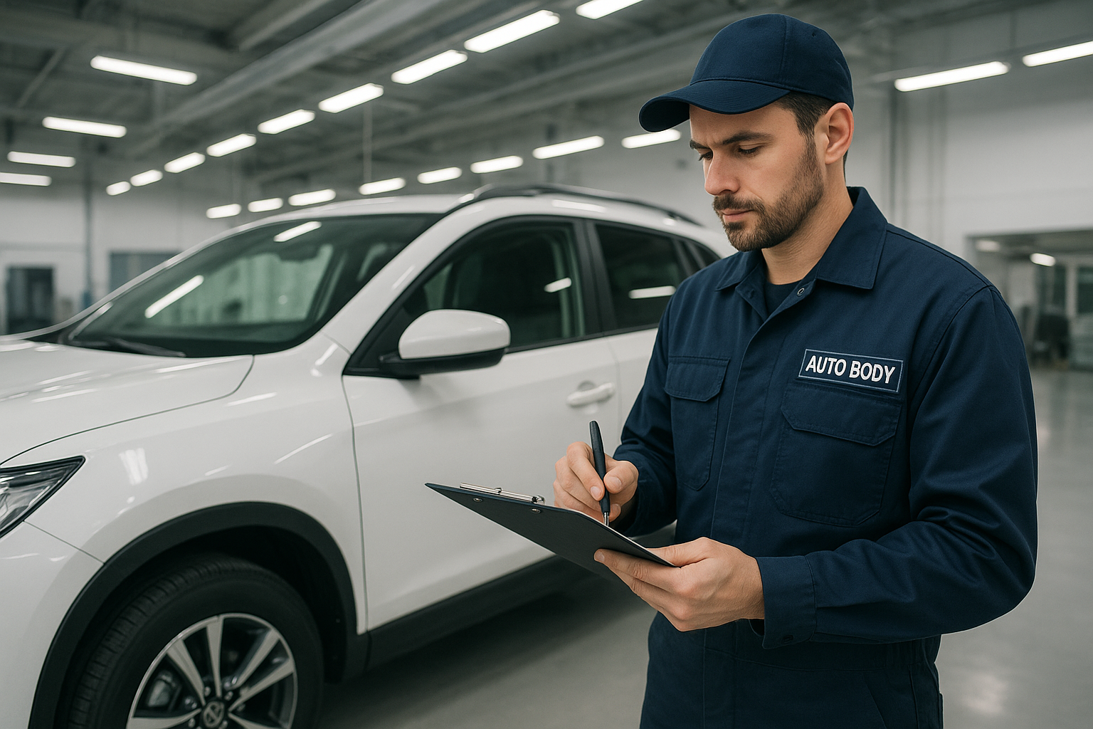 Auto body technician conducting a pre-repair condition inspection on a white SUV before vehicle delivery