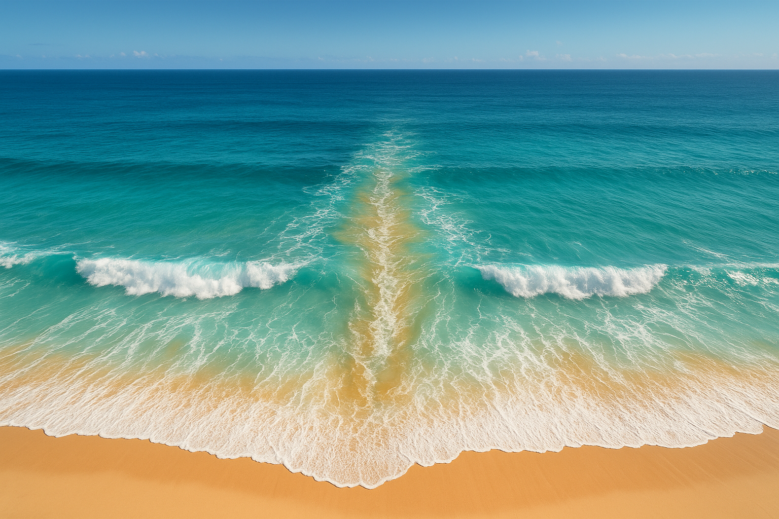 Aerial view of a rip current channel at a surf beach illustrating ocean hazards