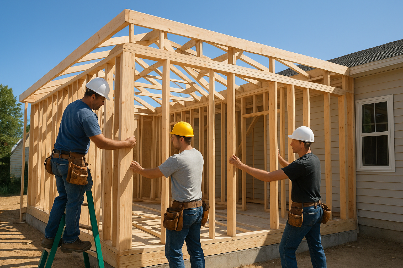 Construction crew framing an attached ADU addition onto a single-family home