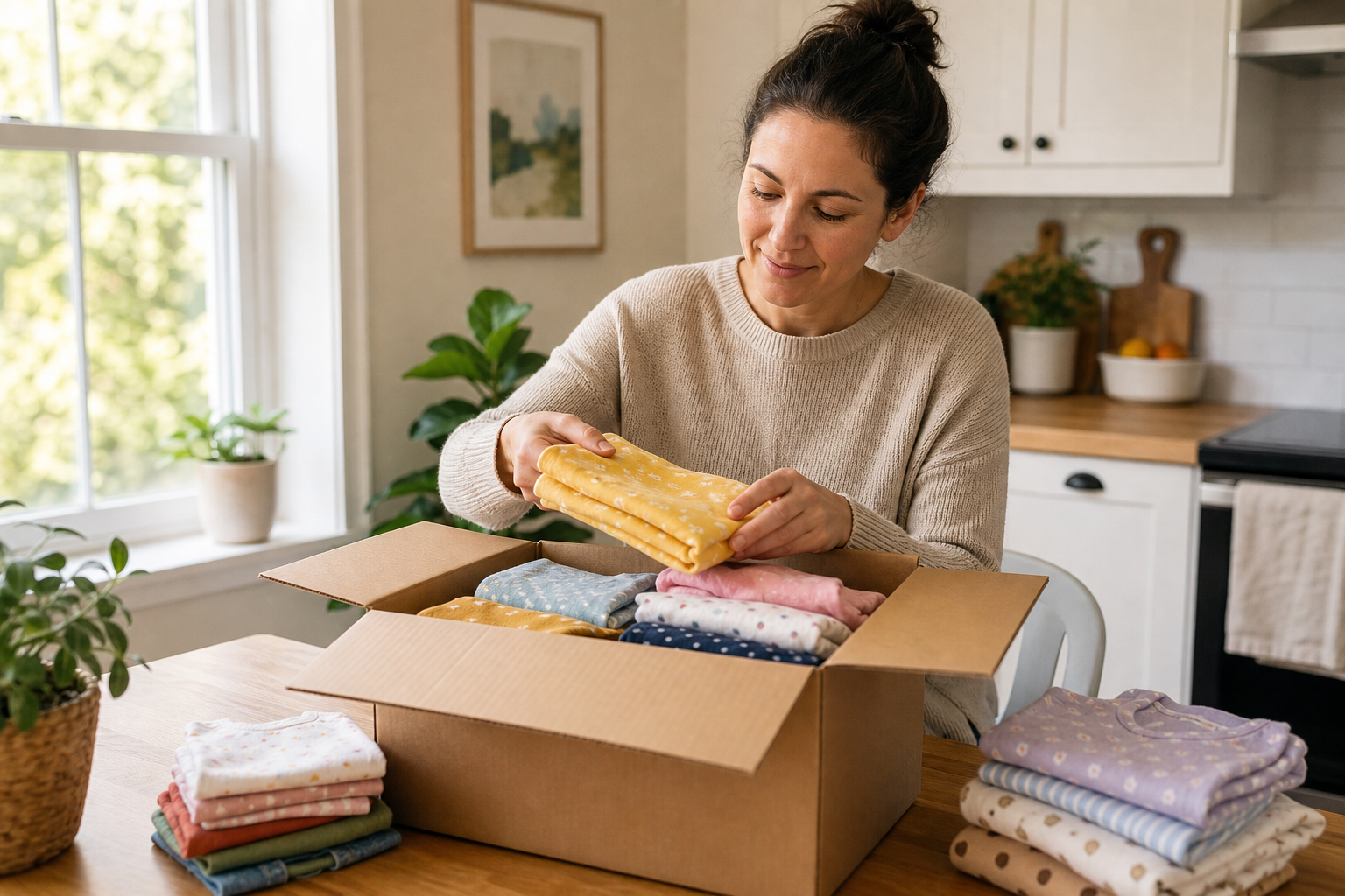 Parent unpacking a monthly children's clothing rental subscription box