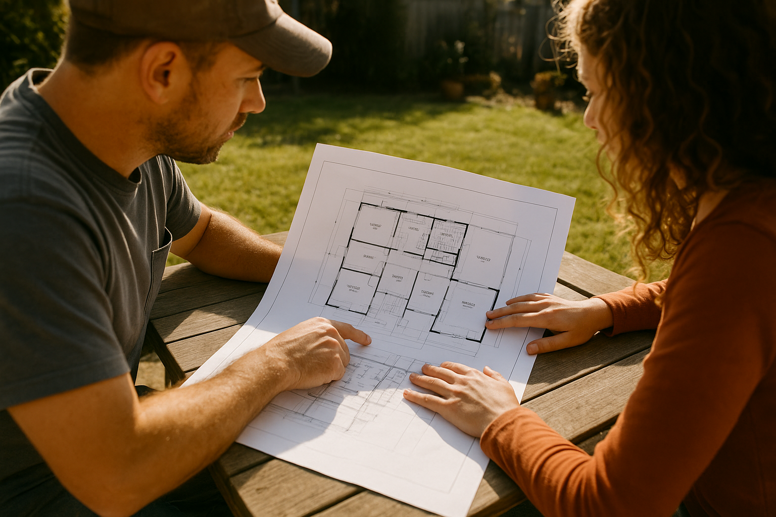 Homeowner and contractor reviewing a custom ADU floor plan in a backyard setting