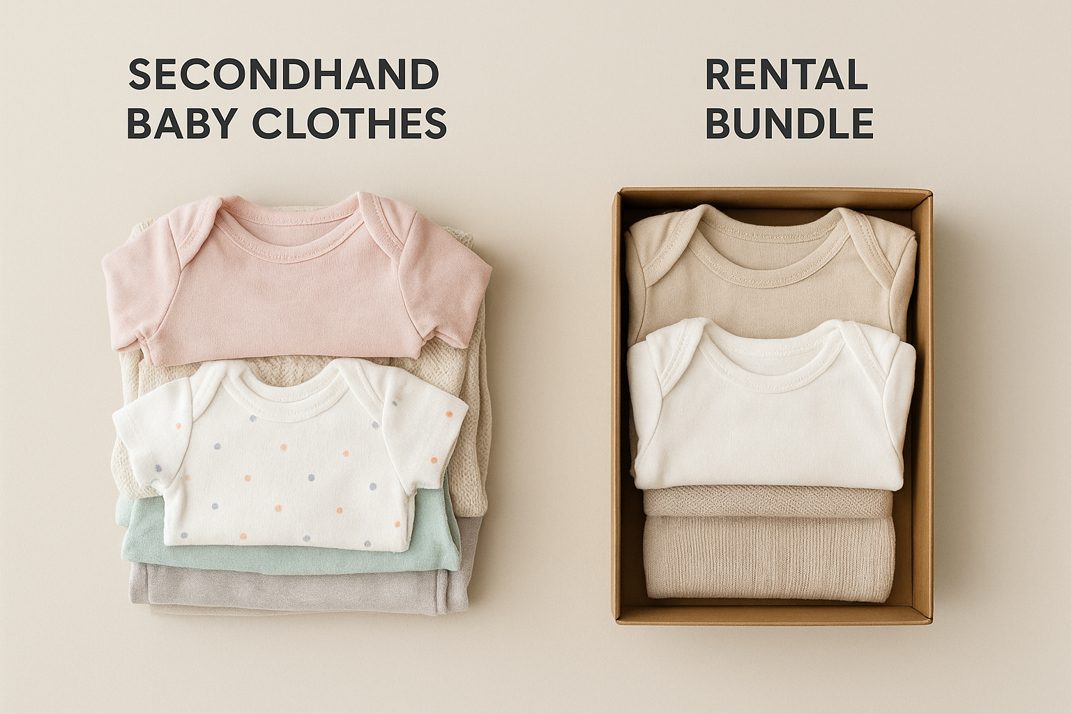 Side-by-side comparison of secondhand baby clothes versus a rental clothing bundle for toddlers