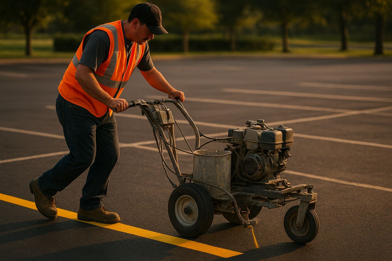 Crew member operating a line striping machine while applying fresh markings to a Texas parking lot