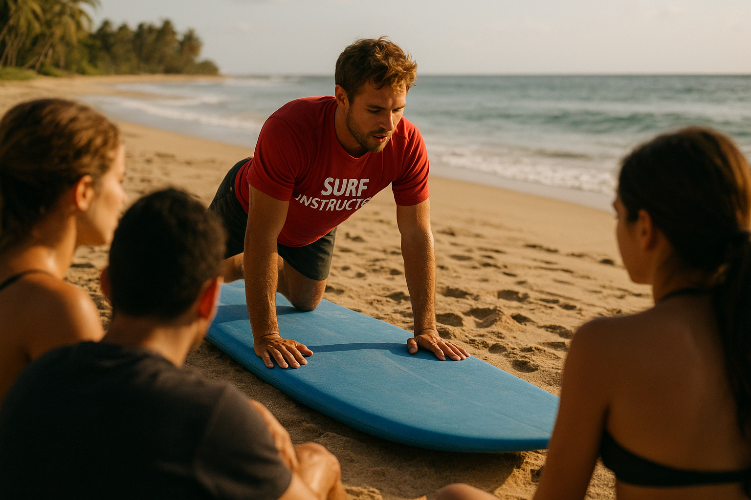 Surf instructor demonstrating pop-up technique during a Waikiki surf lesson package beach briefing