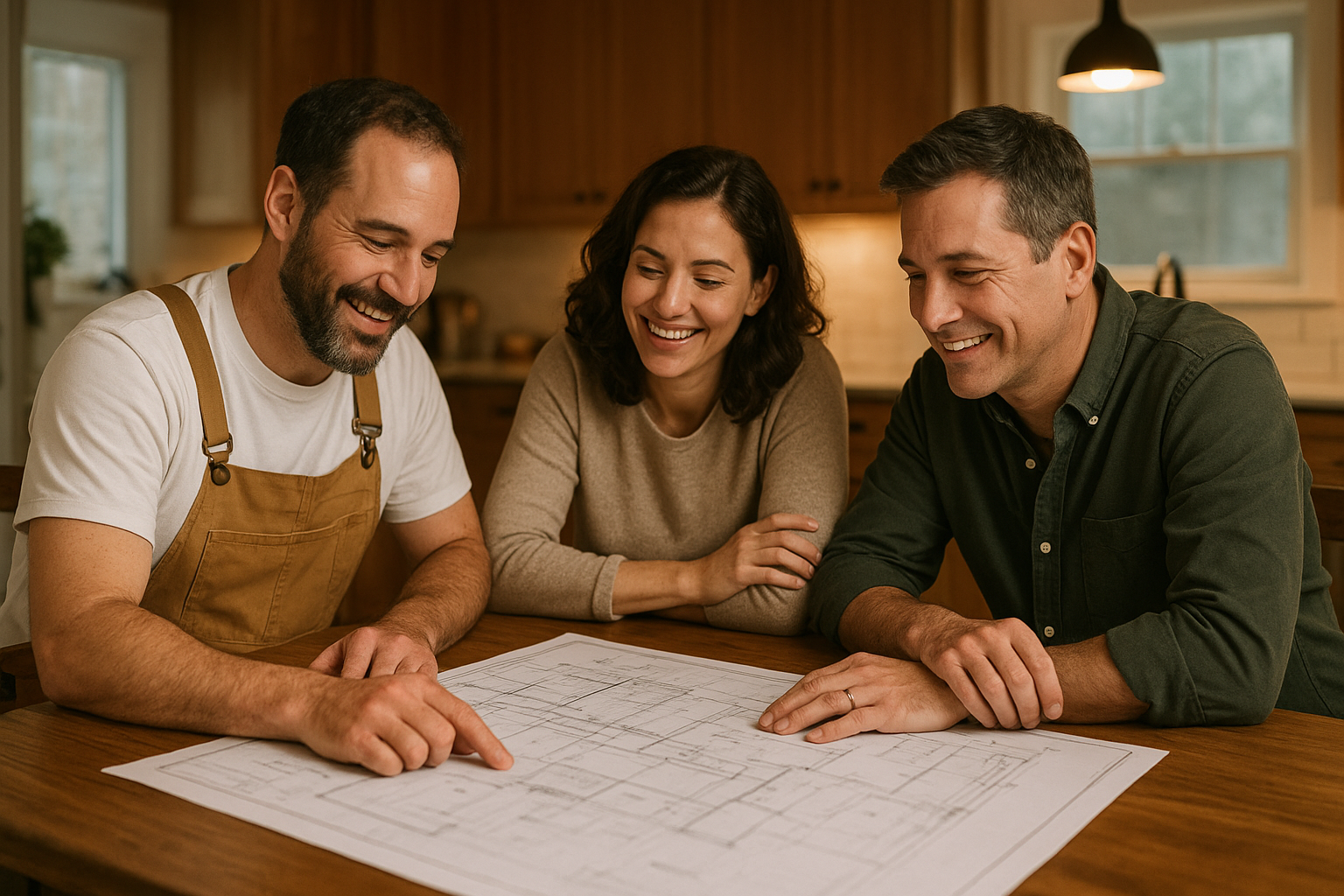 ADU contractor reviewing garage conversion floor plans with Riverside County homeowners