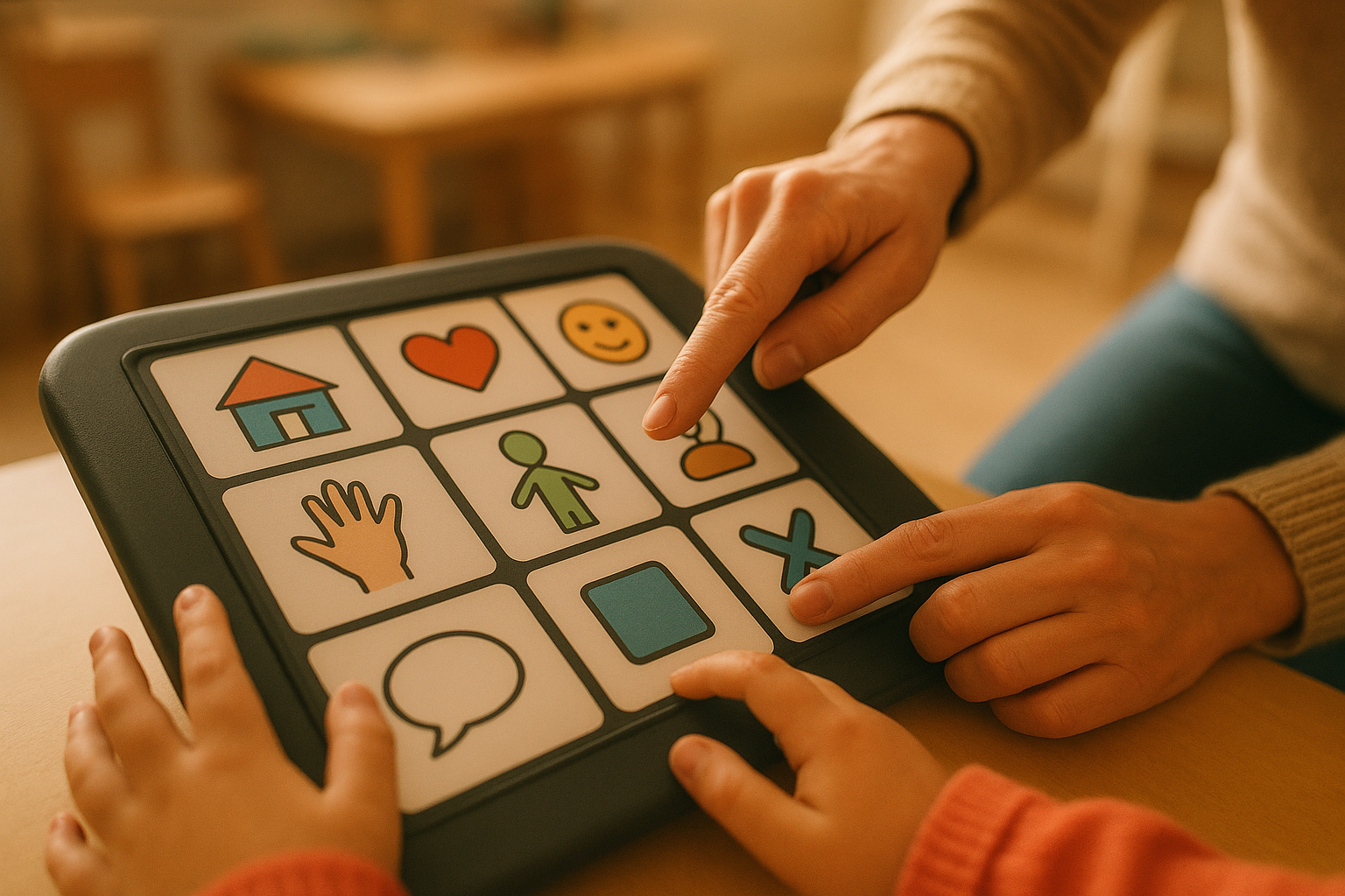 Child using an AAC device during core word activities guided by a supportive adult
