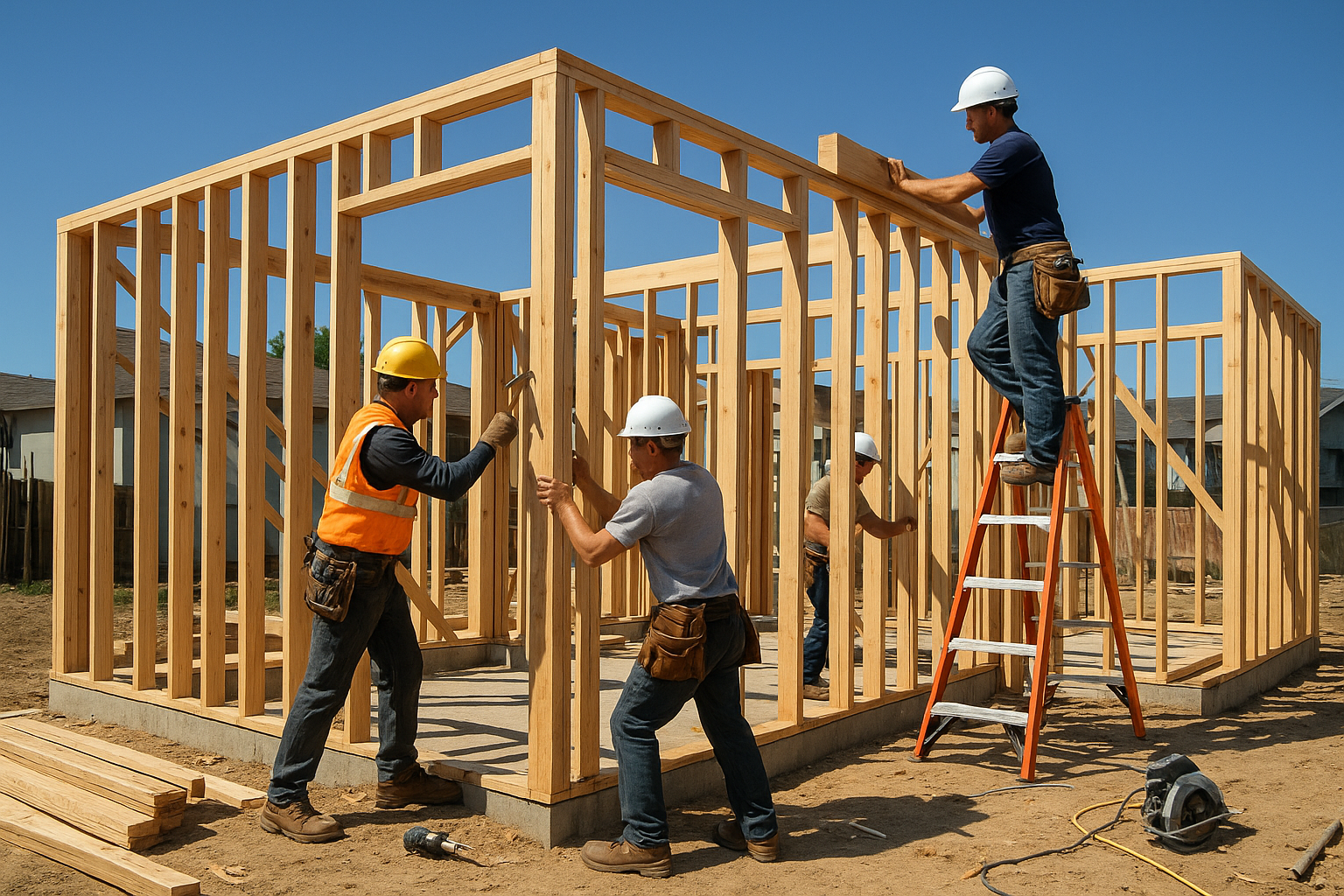 Workers framing a 2 bedroom ADU during the construction phase
