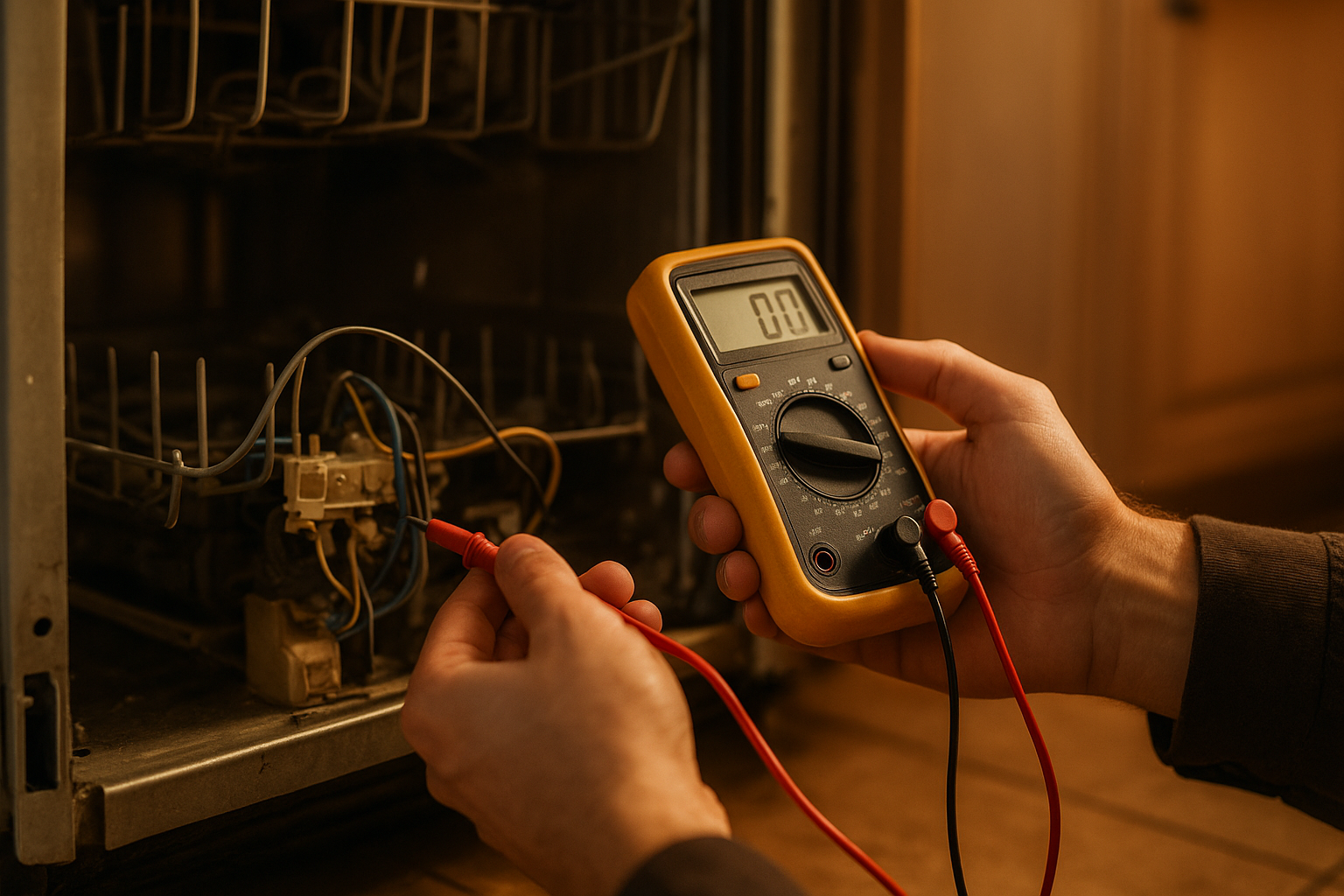 Close-up of diagnostic testing during a kitchen appliance repair on a dishwasher