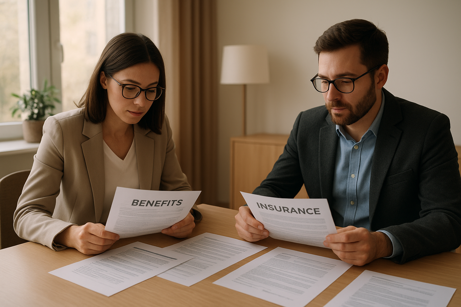 HR leader and consultant comparing proposals from benefit vendors in a bright office