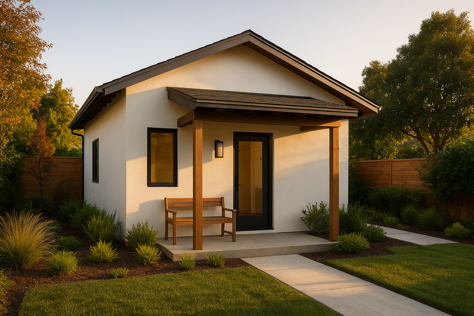 Example answering what is a detached dwelling with a modern backyard guest house