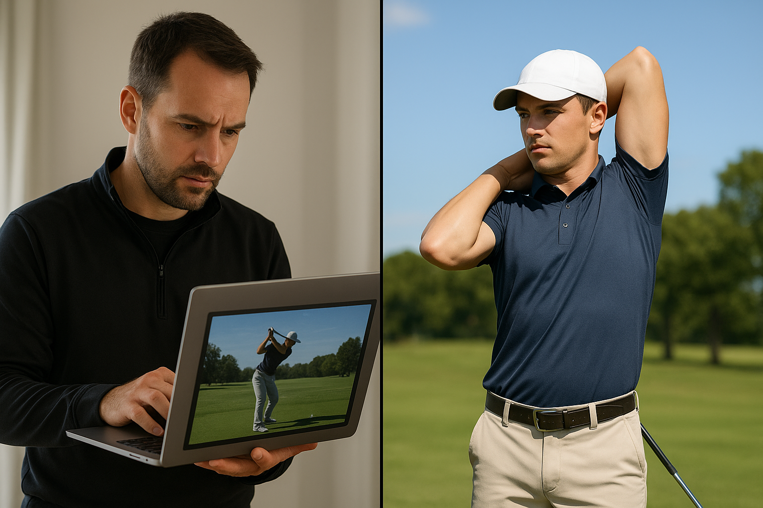 Coach reviewing swing video as part of a remote golf injury prevention program