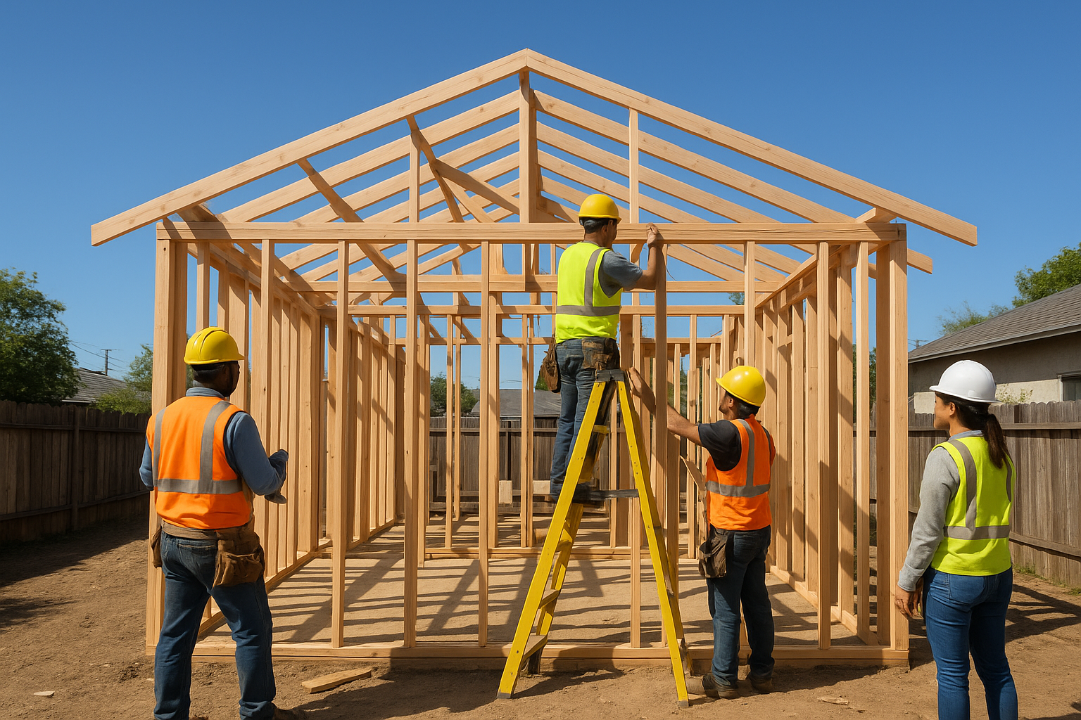 Construction workers building the wooden frame of a new ADU in a Southern California residential backyard