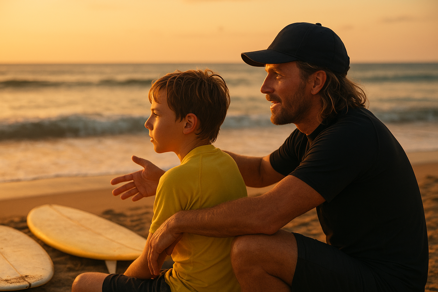 Surf coach giving feedback to a student after a wave during a surf clinic
