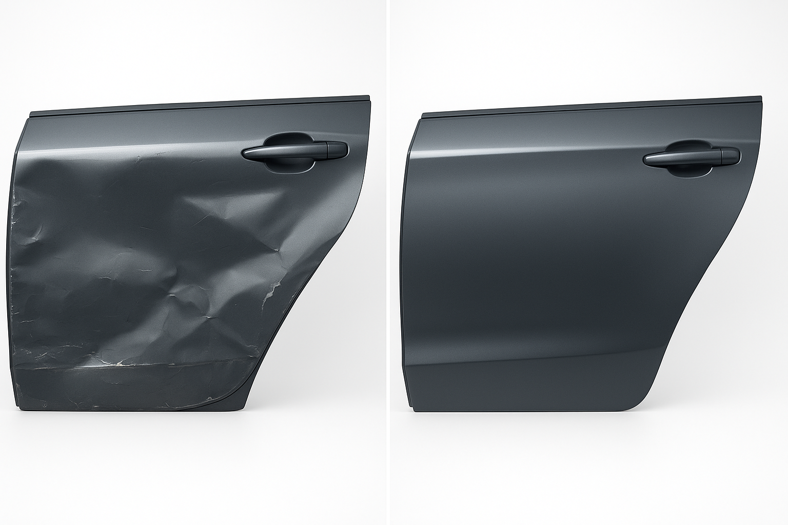 Before and after view of auto body panel repair showing collision damage and restored finish