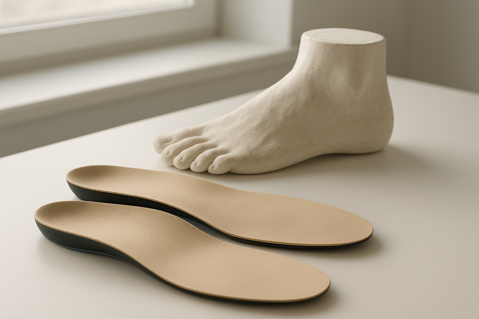Custom orthotics for everyday comfort shown next to a foot mold used for fabrication