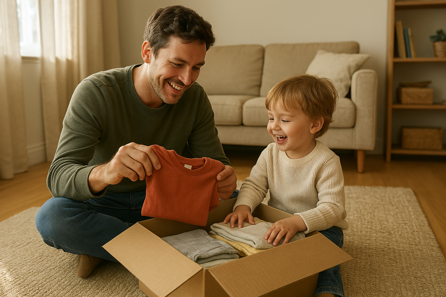 Parent and child unpacking a monthly kids clothing subscription delivery at home