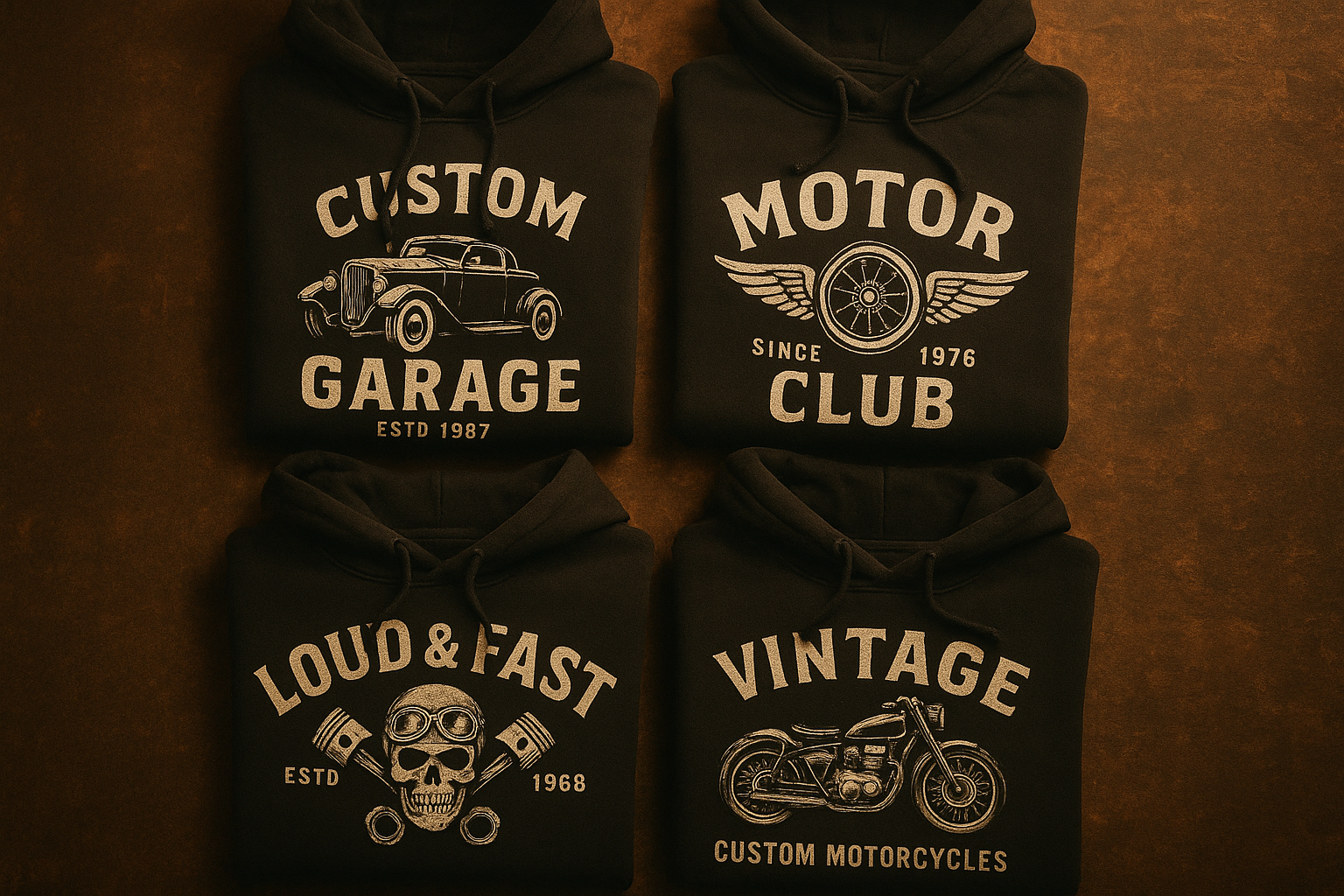 Flat lay of unique hoodie designs featuring vintage motor culture graphics