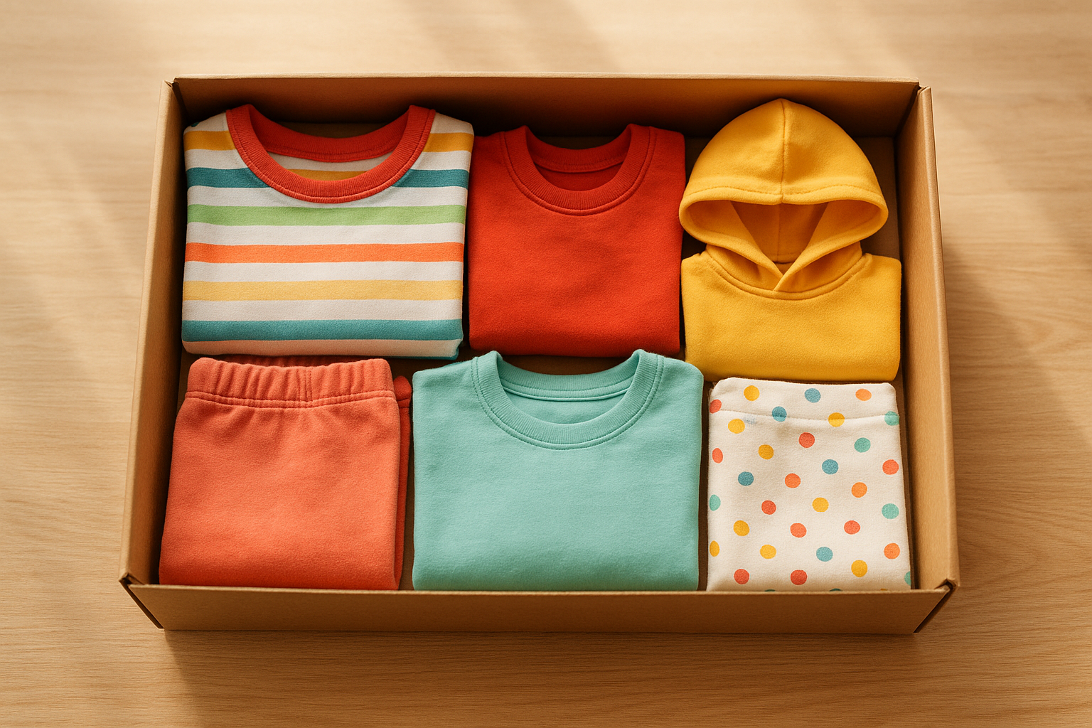 High-quality kids apparel subscription box opened on a wooden table showing colorful folded children's clothes