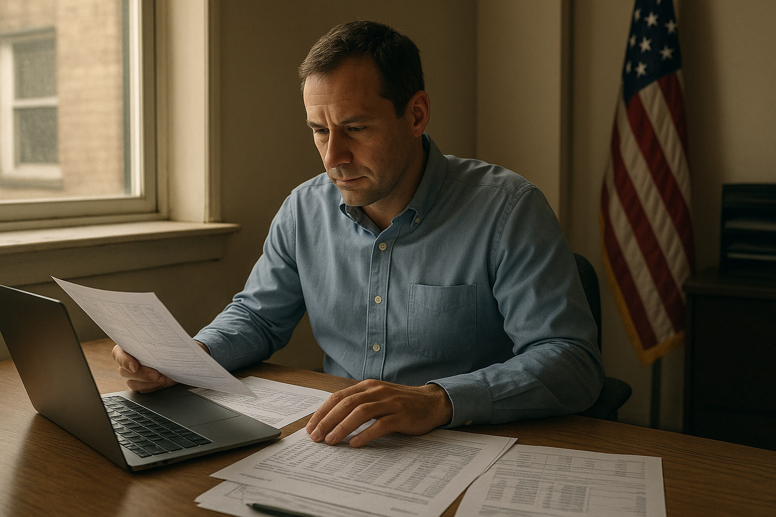 Small business owner reviewing commercial finance services for small businesses paperwork at a desk