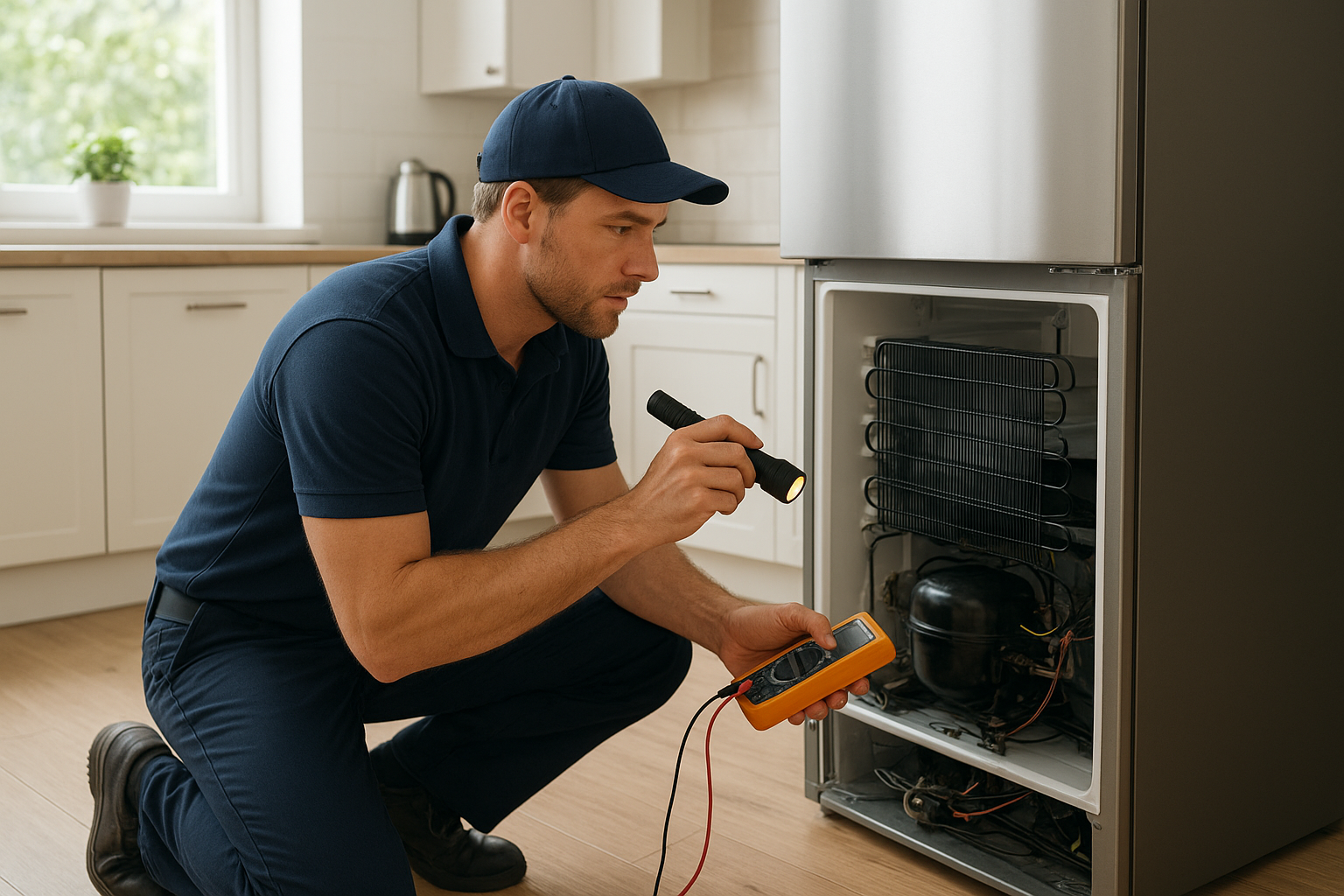 Technician performing Sonoma County appliance repair on a home refrigerator