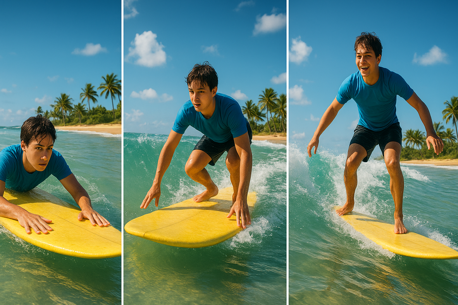 Step-by-step progression of a beginner learning to stand up during surf coaching on a foam board