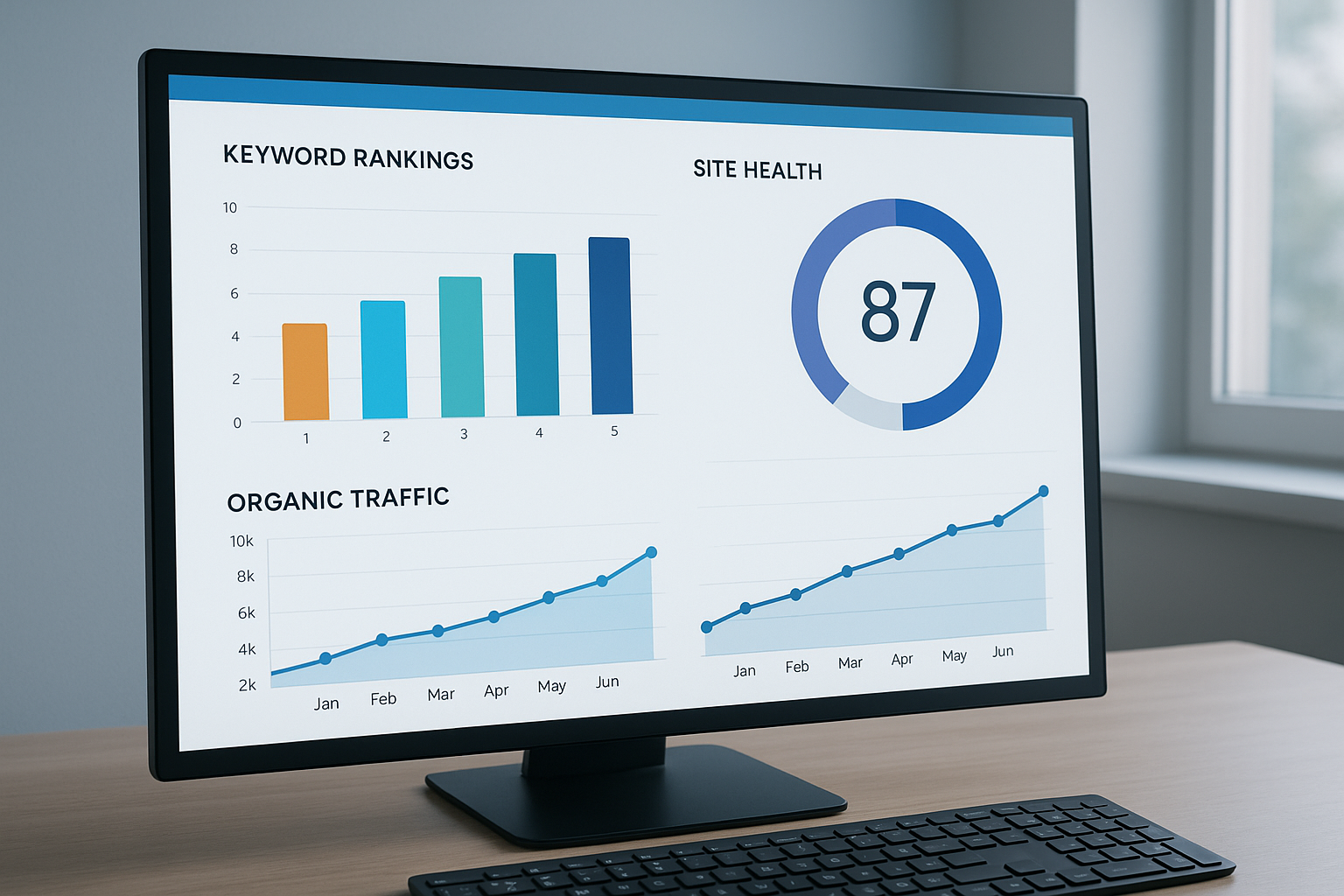 SEO optimisation tool dashboard showing keyword rankings and site health metrics