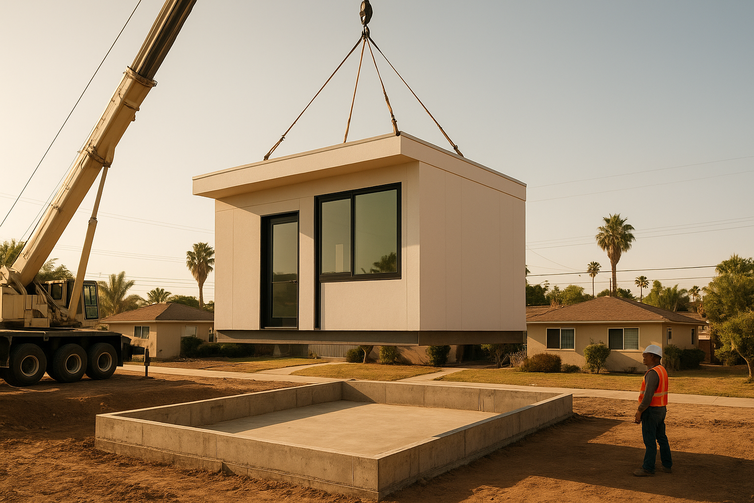 Crane installing a CA prefab home module onto a backyard foundation