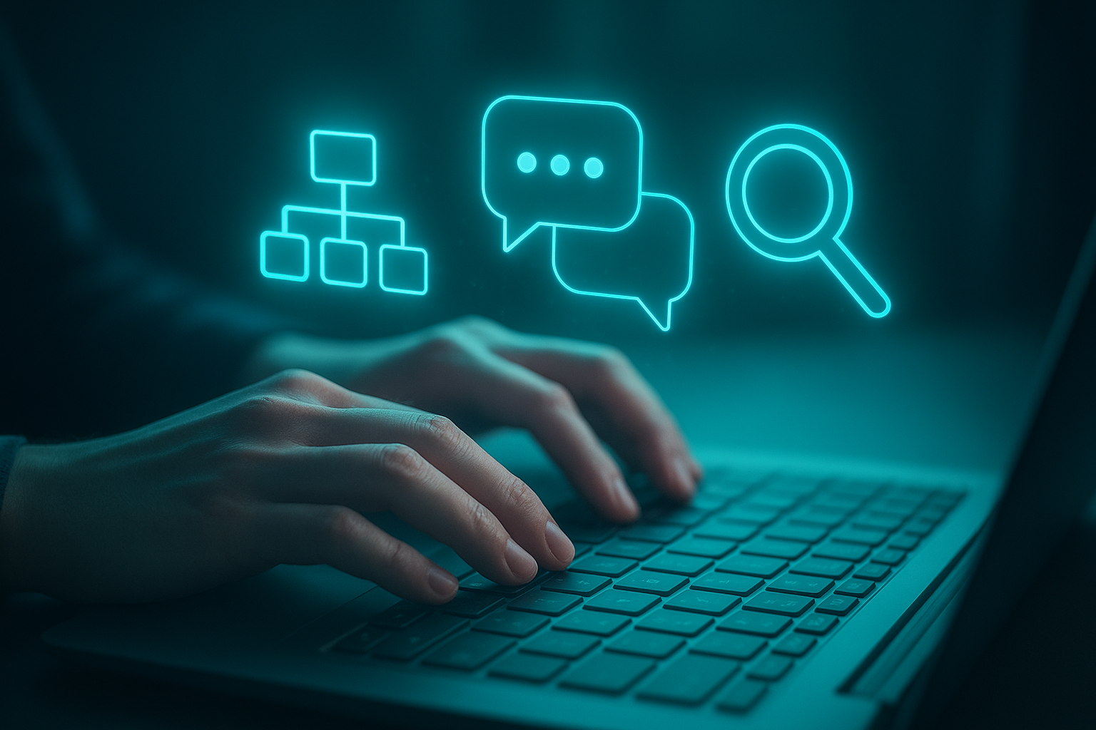 Marketer using AI-powered schema and search optimization tools on a laptop