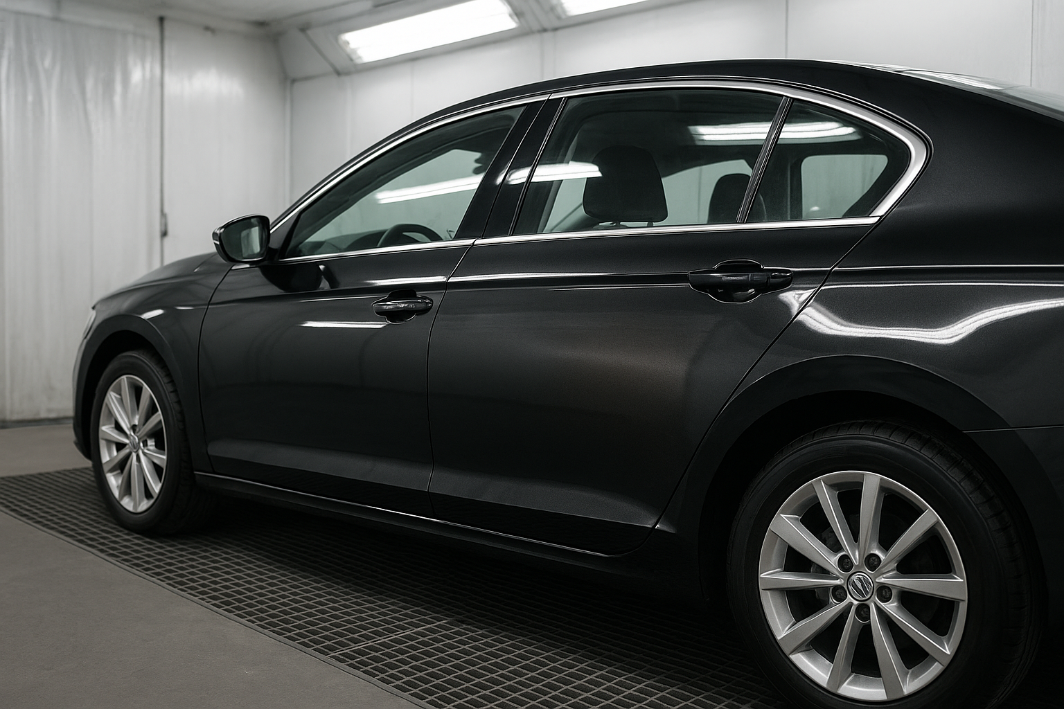 Sedan with restored paint finish after car scratch removal in Brea auto body shop