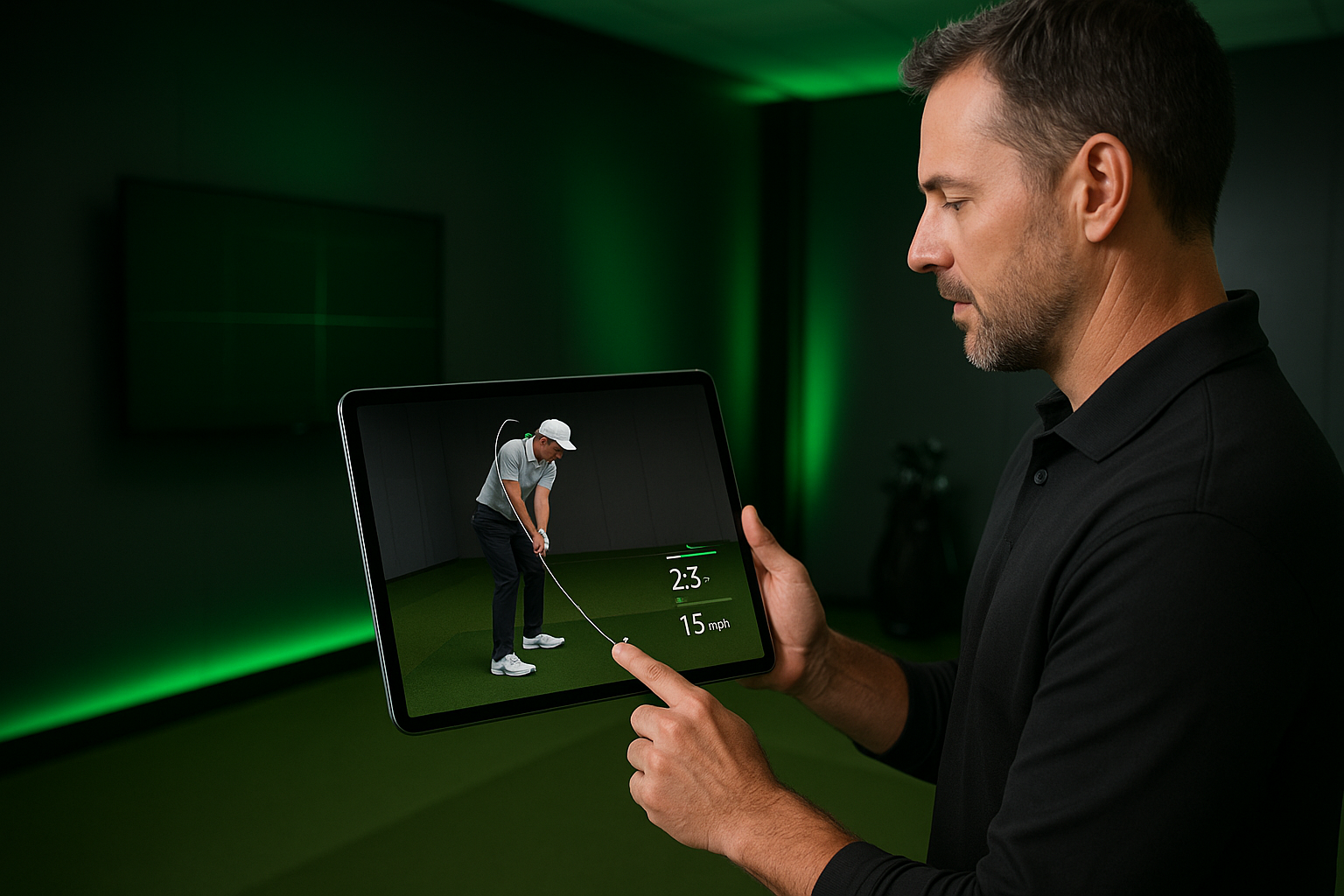 Golf coach reviewing slow-motion swing video to correct release mechanics