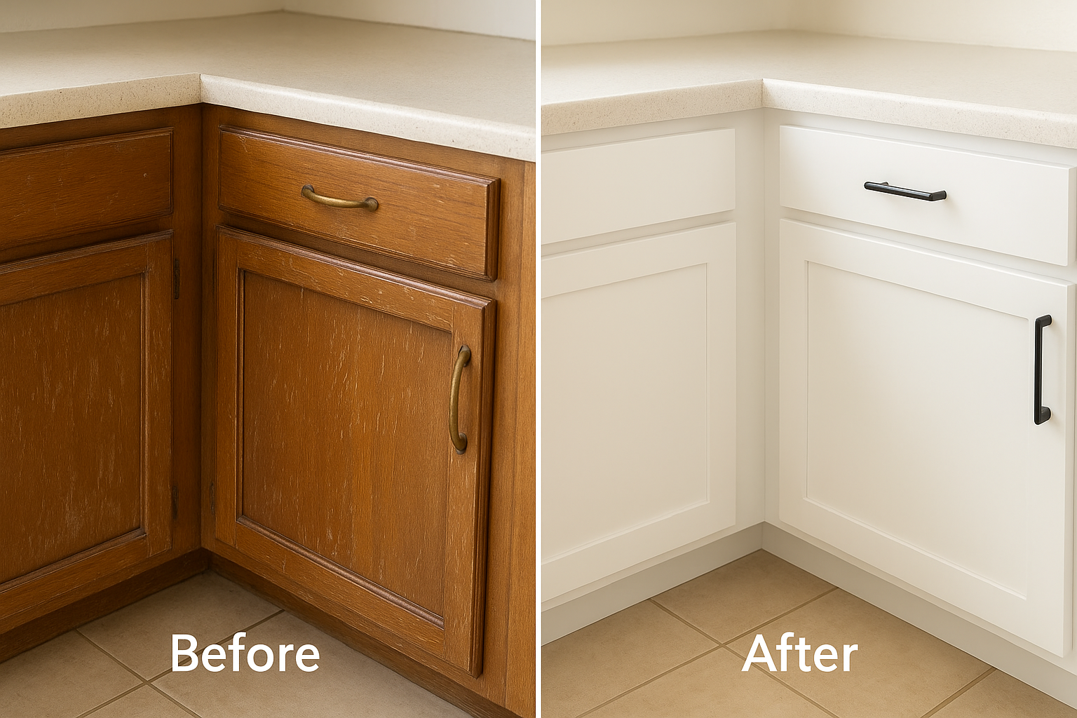 Before and after comparison of an outdated cabinet door and a newly installed custom cabinet door