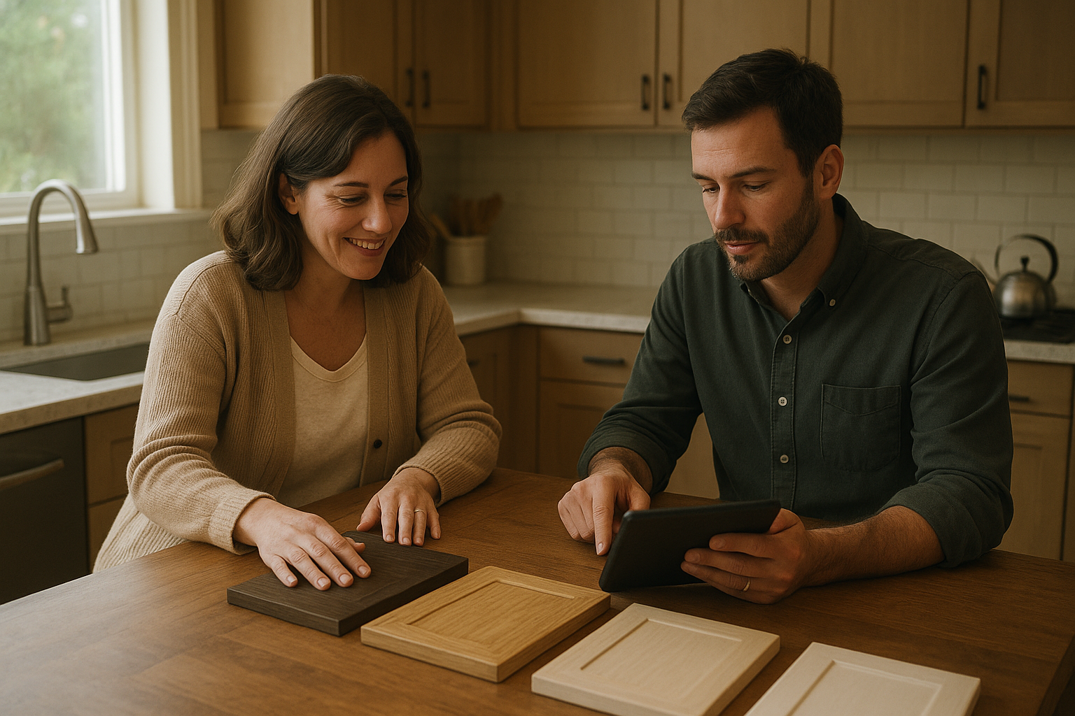 Homeowner and designer discussing kitchen design consultation options at a kitchen island