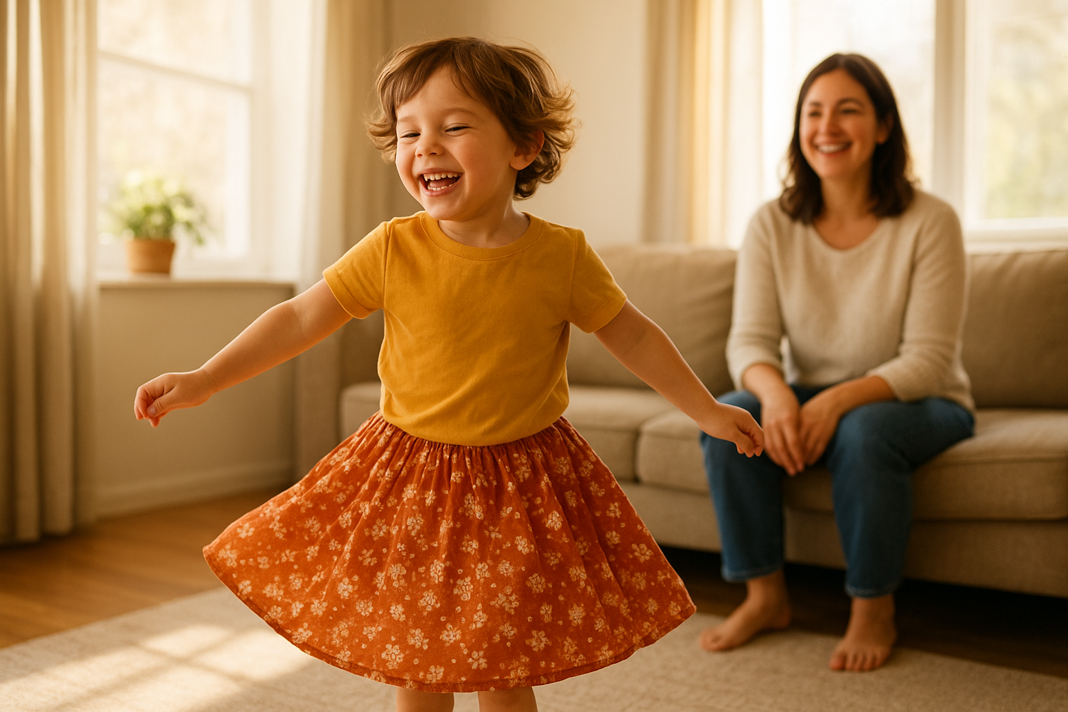 Smiling child trying on a swapped outfit from a rotating children's clothing rental wardrobe