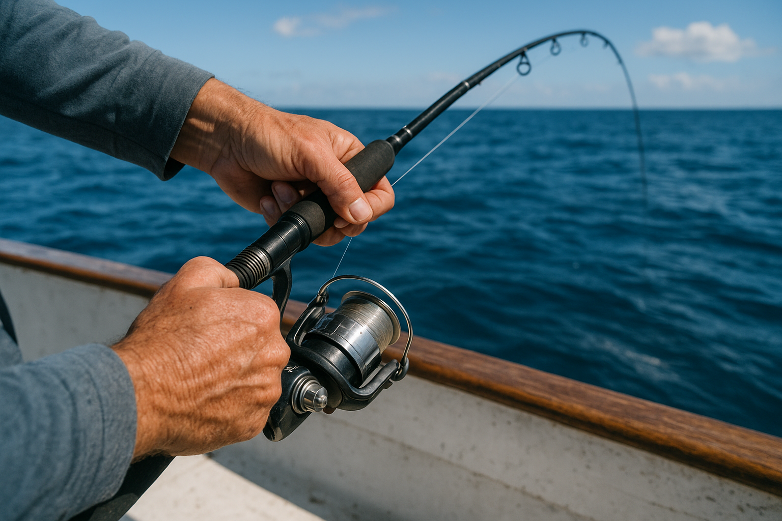 Angler reeling in a line during a private offshore fishing trip off the North Carolina coast