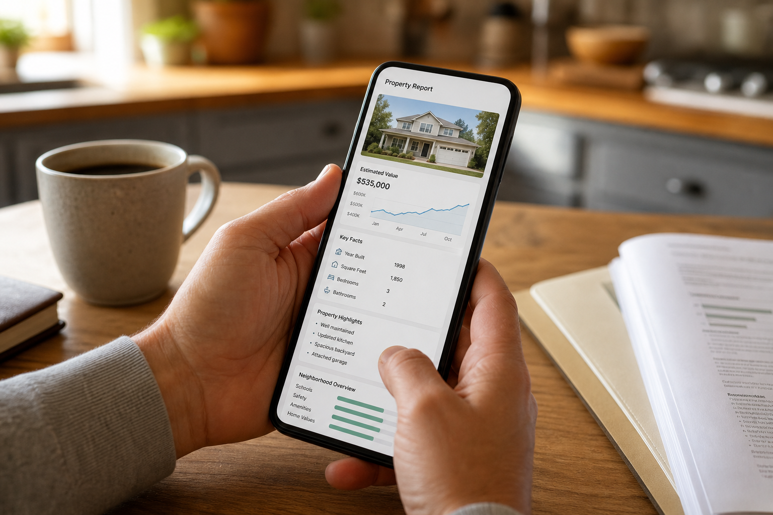 Investor reviewing an offer report on a phone while finishing a seller call