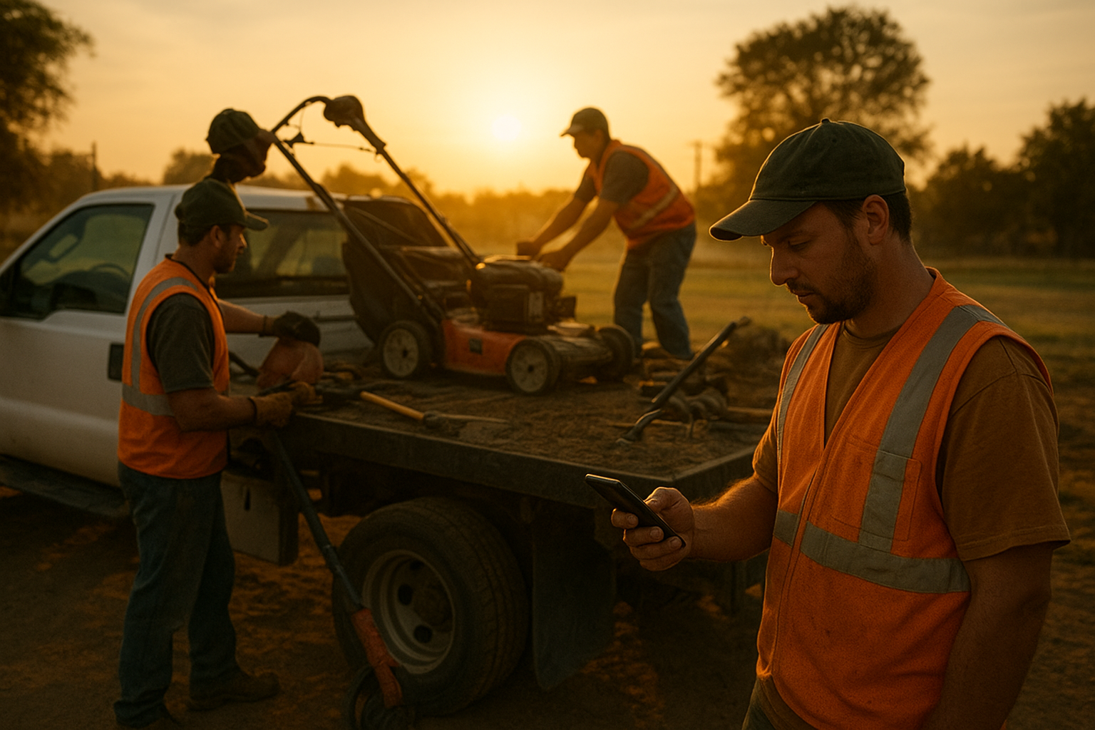 Landscaping crew checking daily work tickets on a mobile app before a job