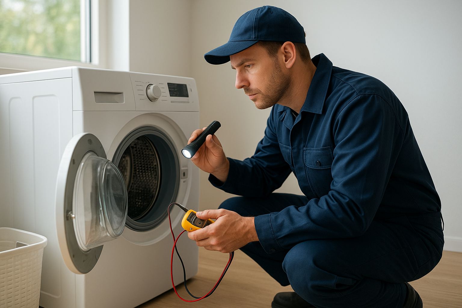 Washer dryer repairman inspecting the internal components of a front-load washing machine