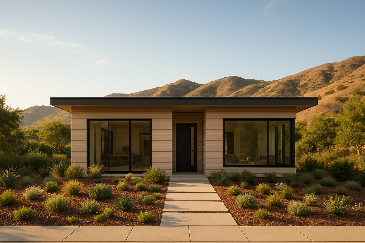 Modern prefab home exterior representing prefab homes California construction